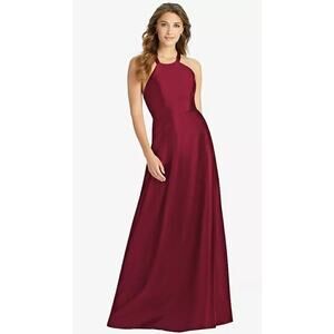 Alfred Sung Satin Twill Halter Lace Up Back A-Line Maxi Dress Burgundy Womens 16